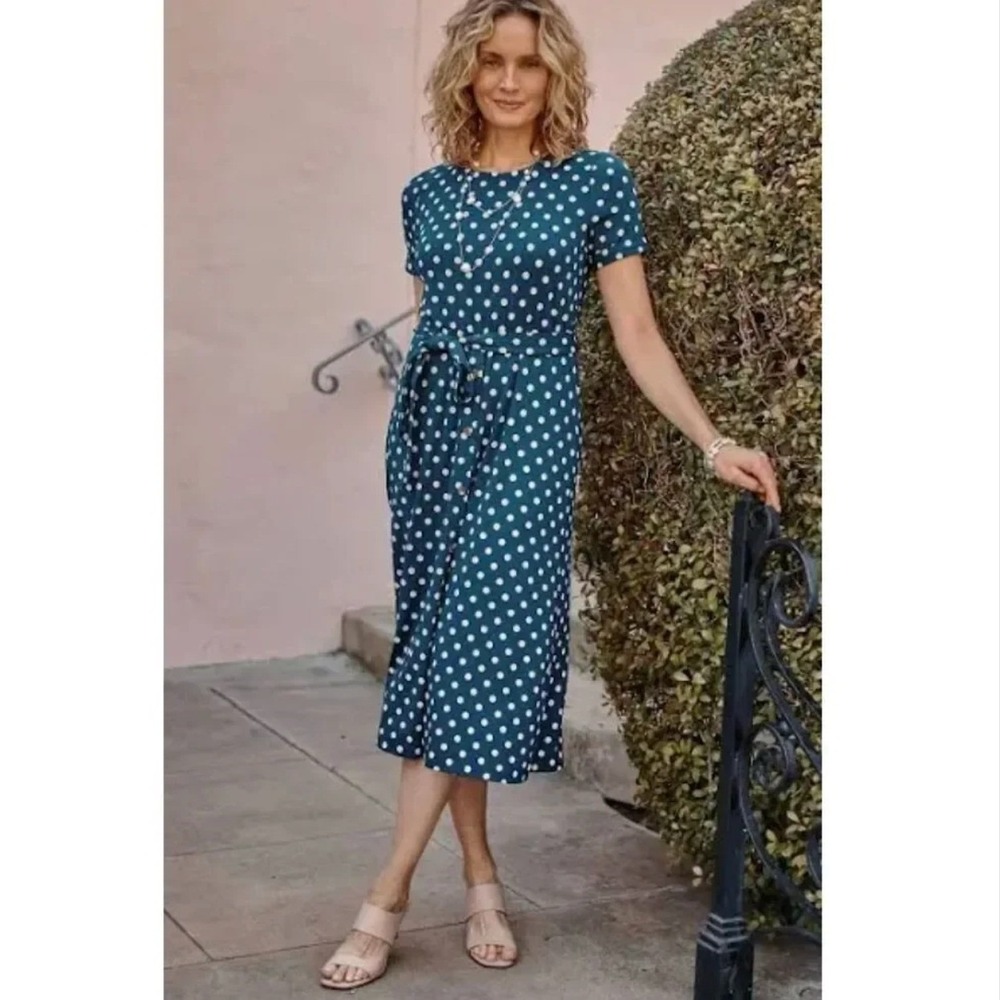 J. Jill Wearever Jersey Teal Polka Dot Short Sleeve Midi Dress SzMT Timeless